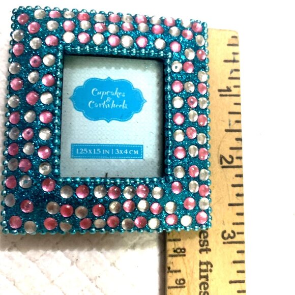 VTG Cupcakes & Cartwheels Micro Picture Frame Blue Pink Crystals 1.25x1.5 Photo - Picture 3 of 7